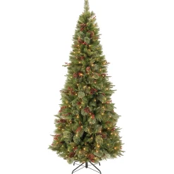 New National Tree Company Pre-Lit 'Feel Real' Artificial Slim Christmas Tree, Colonial Fir, Green, White Lights, Includes Stand, 7.5 Feet