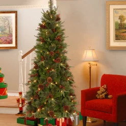 New National Tree Company Pre-Lit 'Feel Real' Artificial Slim Christmas Tree, Colonial Fir, Green, White Lights, Includes Stand, 7.5 Feet