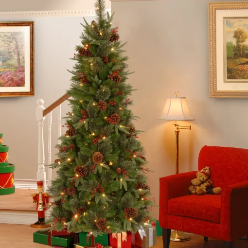 New National Tree Company Pre-Lit 'Feel Real' Artificial Slim Christmas Tree, Colonial Fir, Green, White Lights, Includes Stand, 7.5 Feet