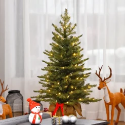 New National Tree Company Pre-Lit 'Feel Real' Artificial Mini Christmas Tree, Green, Nordic Spruce, White Lights, Includes Burlap Bag Base, 3 Feet
