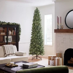 Discount National Tree Company Pre-Lit 'Feel Real' Artificial Slim Downswept Christmas Tree, Green, Douglas Fir, White Lights, Includes Stand, 9 Feet