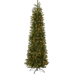 Discount National Tree Company Pre-Lit 'Feel Real' Artificial Slim Downswept Christmas Tree, Green, Douglas Fir, White Lights, Includes Stand, 9 Feet