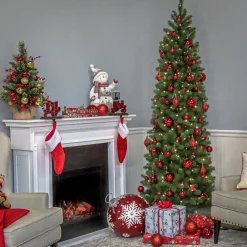 Discount National Tree Company Pre-Lit 'Feel Real' Artificial Slim Downswept Christmas Tree, Green, Douglas Fir, White Lights, Includes Stand, 9 Feet