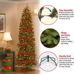 Discount National Tree Company Pre-Lit 'Feel Real' Artificial Slim Downswept Christmas Tree, Green, Douglas Fir, White Lights, Includes Stand, 9 Feet
