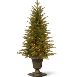 Flash Sale National Tree Company Pre-Lit 'Feel Real' Artificial Mini Entrance Christmas Tree, Green, Nordic Spruce, White Lights, Includes Decorative Urn Base, 4 Feet