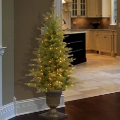 Flash Sale National Tree Company Pre-Lit 'Feel Real' Artificial Mini Entrance Christmas Tree, Green, Nordic Spruce, White Lights, Includes Decorative Urn Base, 4 Feet