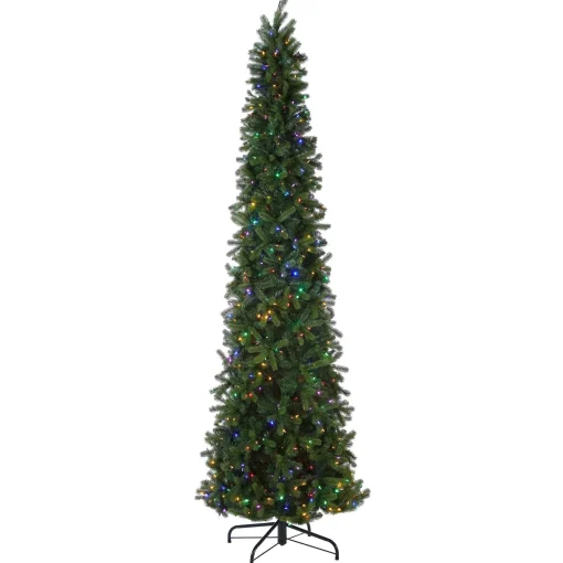 Clearance National Tree Company Pre-Lit 'Feel Real' Artificial Giant Slim Downswept Christmas Tree, Green, Douglas Fir, Dual Color Led Lights, Includes Stand, 12 Feet