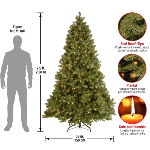 Fashion National Tree Company Pre-Lit 'Feel Real' Artificial Full Downswept Christmas Tree, Green, Douglas Fir, White Lights, Includes Stand, 7.5 Feet