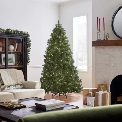 Hot National Tree Company Pre-Lit 'Feel Real' Artificial Full Downswept Christmas Tree, Green, Douglas Fir, White Lights, Includes Stand, 7 Feet