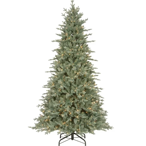 New National Tree Company Pre-Lit 'Feel Real' Artificial Christmas Tree, Buckingham Spruce, Blue, White Lights, Includes Stand, 7.5 Feet
