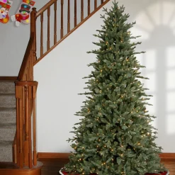 New National Tree Company Pre-Lit 'Feel Real' Artificial Christmas Tree, Buckingham Spruce, Blue, White Lights, Includes Stand, 7.5 Feet