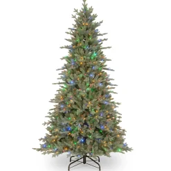 New National Tree Company Pre-Lit 'Feel Real' Artificial Christmas Tree, Buckingham Spruce, Blue, White Lights, Includes Stand, 7.5 Feet