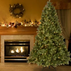 Shop National Tree Company Pre-Lit 'Feel Real' Artificial Full Downswept Christmas Tree, Green, Douglas Fir, White Lights, Includes Stand, 7 Feet