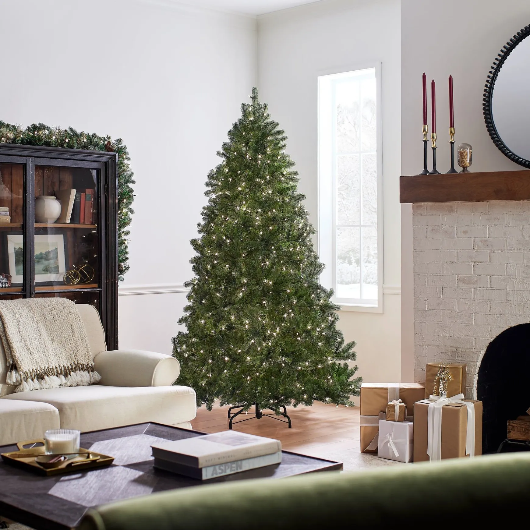 Shop National Tree Company Pre-Lit 'Feel Real' Artificial Full Downswept Christmas Tree, Green, Douglas Fir, White Lights, Includes Stand, 7 Feet