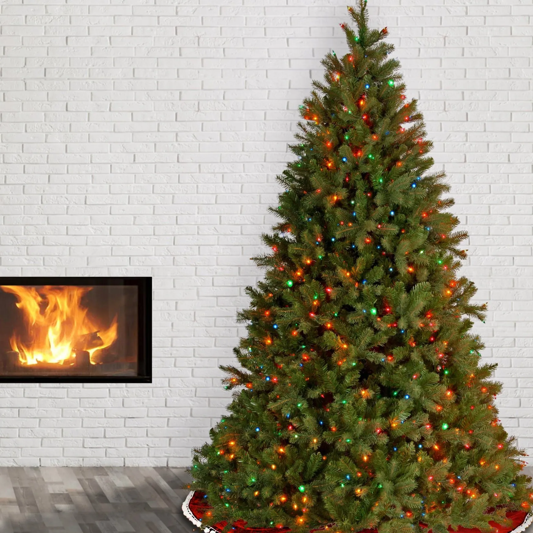 Shop National Tree Company Pre-Lit 'Feel Real' Artificial Full Downswept Christmas Tree, Green, Douglas Fir, Multicolor Lights, Includes Stand, 6.5 Feet