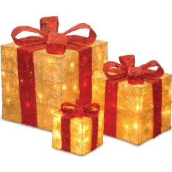 Discount National Tree Company Pre-Lit Gold Gift Boxes, Set Of Three, White Lights, Christmas Collection