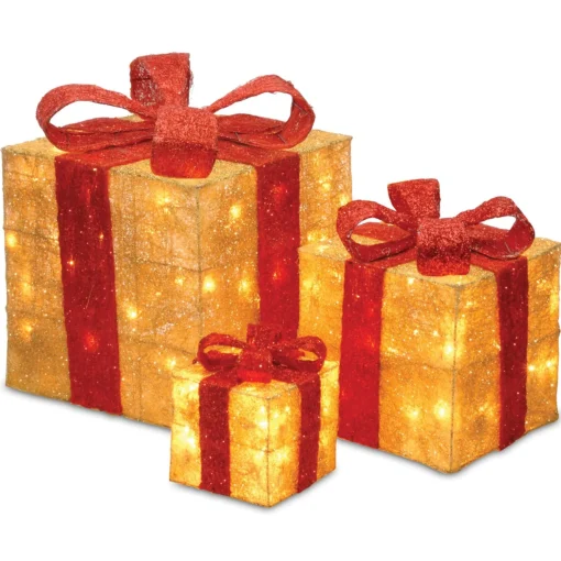 Discount National Tree Company Pre-Lit Gold Gift Boxes, Set Of Three, White Lights, Christmas Collection