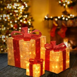 Discount National Tree Company Pre-Lit Gold Gift Boxes, Set Of Three, White Lights, Christmas Collection