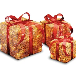 Sale National Tree Company Pre-Lit Red And Gold Gift Boxes, Set Of Three, White Lights, Christmas Collection