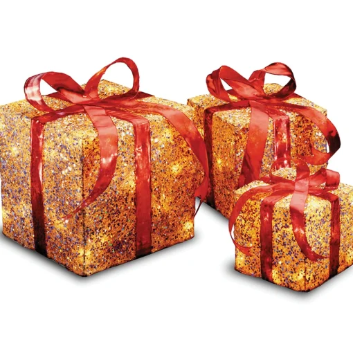 Sale National Tree Company Pre-Lit Red And Gold Gift Boxes, Set Of Three, White Lights, Christmas Collection