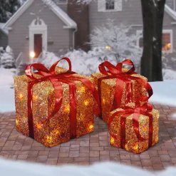 Sale National Tree Company Pre-Lit Red And Gold Gift Boxes, Set Of Three, White Lights, Christmas Collection