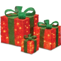 Discount National Tree Company Pre-Lit Red Gift Boxes, Set Of Three, White Lights, Christmas Collection