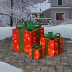 Discount National Tree Company Pre-Lit Red Gift Boxes, Set Of Three, White Lights, Christmas Collection