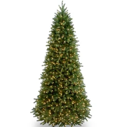 Fashion National Tree Company Pre-Lit Slim Artificial Christmas Tree, Green, Jersey Fraser Fir, 'Feel Real', White Lights, Includes Stand, 9 Feet