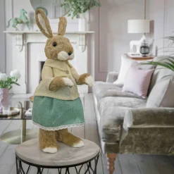 Discount National Tree Company Standing Bunny Table Decoration, Soft Straw With Foam Base, Buttoned White Blouse And Teal Skirt, Easter Collection, 24 Inches