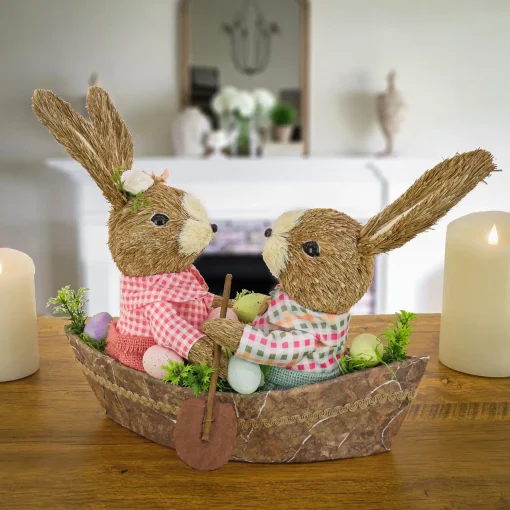 Store National Tree Company Two Bunnies In A Boat Table Decoration, Easter Collection, 15 Inches