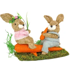 Best National Tree Company Two Bunnies Table Decoration, Two Bunnies Resting On Carrot, Artificial Grassy Base, Easter Collection, 14 Inches