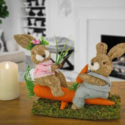 Best National Tree Company Two Bunnies Table Decoration, Two Bunnies Resting On Carrot, Artificial Grassy Base, Easter Collection, 14 Inches