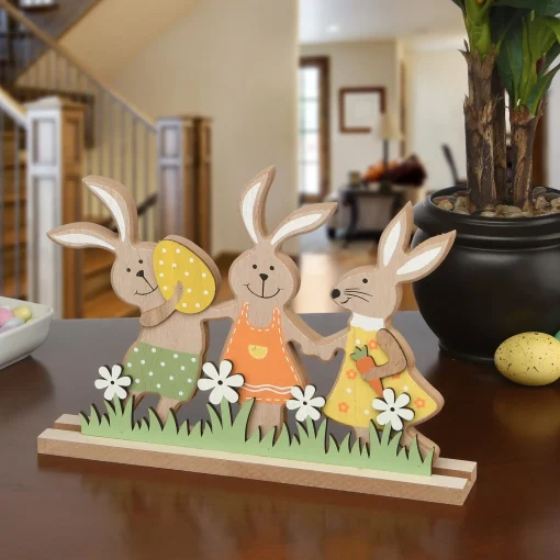 Clearance National Tree Company Wooden Rabbit Trio Table Decoration, Easter Collection, 9 Inches